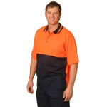 A bright orange and navy safety polo with a collar and short sleeves. It includes a pocket and features a logo.
