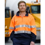 Hi-Vis long-sleeve fleece collar sweater in orange with reflective strips, paired with navy trousers. Features branding.