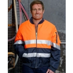 A Hi-Vis two-tone jacket in orange and navy, featuring reflective 3M tapes and a zip closure. It has a logo on the sleeve.