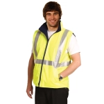 A hi-vis yellow reversible safety vest featuring hoop pattern 3M tapes, designed with a navy collar and a pocket.