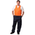 Men's cotton drill overall in navy blue with an orange vest. Features two front pockets and a logo.