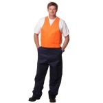 A man wearing a two-tone orange and navy cotton drill overall with a v-neck design and pockets.