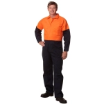 A man is wearing a Hi-Vis two-tone cotton drill coverall, featuring orange and navy blue colours. It has a logo.