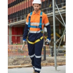 A Hi-Vis men's lightweight cotton coverall in orange and navy, featuring 3M tape and a harness.