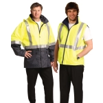 Hi-Vis three-in-one safety jacket in yellow and navy, featuring reflective 3M tapes, worn by two male models.