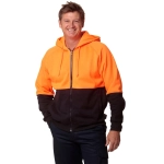 A man wears a Hi-Vis two-tone fleecy hoodie in bright orange and black, featuring a zip and a hood.