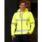 A bright yellow softshell hooded jacket featuring reflective 3M tape, with zippered pockets and a branding logo.