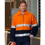 A high-visibility two-tone safety jacket featuring orange and navy colours with reflective 3M tape.
