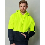 A bright yellow and navy two-tone kangaroo pocket hoodie with a hood and a logo on the sleeve.