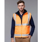 A reversible safety vest in bright orange with reflective stripes, featuring a dark collar and a fitted design.
