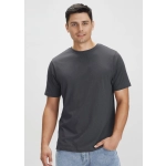 A men's short sleeve tee in dark grey, featuring a simple design and a logo on the chest.