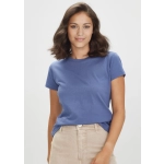 A women's short sleeve tee in a soft blue colour, featuring a round neckline and casual design. The tee includes a logo.