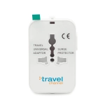 A white universal travel adapter with multiple plug openings and a surge protector feature. It has a logo on the front.