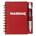 A red notepad with a spiral binding, featuring lined pages and a matching red pen, includes a logo on the cover.