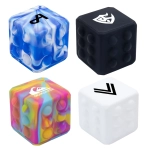 A collection of colourful cube-shaped poppers in blue, black, pink, and white, featuring various logos.