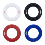 Four silicone wrist discs in white, black, red, and blue, featuring different logos on each disc.