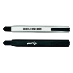 A silver and black slimline retractable box cutter featuring a logo on each side.
