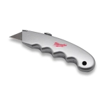 A silver utility knife with a textured handle and a blade. The knife features a logo on its side.