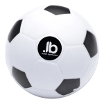 A stress ball shaped like a classic soccer ball, featuring black and white panels and a small logo.