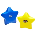 A blue and yellow star-shaped stress ball with branding on one side.
