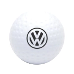 A white stress ball in the shape of a golf ball, featuring a black logo in the centre.