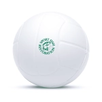 A white stress ball designed like a volleyball, featuring a circular logo.