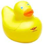 A bright yellow rubber duck with an orange beak and a logo on the side, designed as a stress-relief toy.