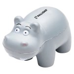 A grey hippo stress toy with large eyes and white teeth, featuring a logo on top.