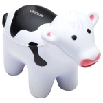 A white and black cow-shaped stress toy, featuring a smiling face and a smooth surface. It has a logo on one side.