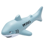 A blue squeeze toy shaped like a shark, featuring a branding logo on one side.