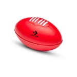 A red Squeeze Football with white stripes and a logo. It&rsquo;s designed as a fun stress ball.