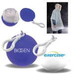 A compact blue case contains a transparent rain poncho, featuring a hook for easy attachment.
