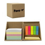 A cube-shaped box containing sticky notes in pastel colours and brightly coloured flags, with a logo on the front.