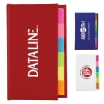 A red and blue book with sticky note sections in various colours, featuring logos on the covers.