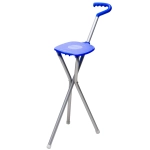 A blue folding seat with a handle, featuring a metallic frame and a compact design. It has a logo on the seat.