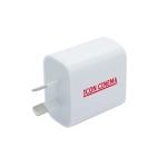 A white 20W fast charge adapter with a logo, featuring two prongs for connecting to power outlets.