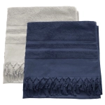 A flat terry towel set featuring a light grey and a navy blue towel, both with decorative fringes.