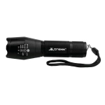 A black torch with a textured grip, featuring a wrist strap and a logo. It emits 300 lumens of light.