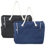 A waterproof beach bag featuring a navy blue and black design with rope handles and zippered pockets.