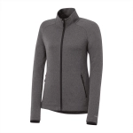 A women's eco knit jacket in dark grey with a full zip and side pockets, featuring a logo on the sleeve.
