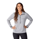 A light grey women's half zip jumper with long sleeves and a small logo on the chest.