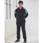 Black track pants designed for kids, featuring white accent stripes and a comfortable fit.