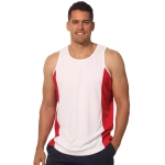 A men's singlet featuring a white body with red contrast mesh panels and a logo.