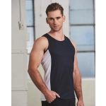 A men's singlet with a navy blue body and white contrast panel, featuring a logo on the front.