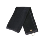 A black golf towel with an eyelet hook, measuring 38 x 65 cm, features a simple design and soft texture.