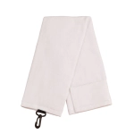 A white golf towel with a hook for attaching. It features a simple design and is made from absorbent material.