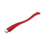 A red silicone wristband with a USB connector at one end, featuring a logo.