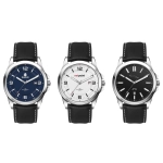 A casual unisex watch collection featuring leather straps, silver cases, and dials in blue, white, and black.