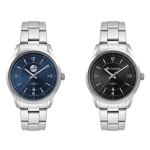 Two stainless steel strap watches featuring a blue dial and a black dial, both with numeric markers and a date display.