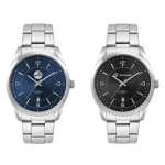 A casual dress watch with a stainless steel strap, featuring a blue and a black dial design. Both have branding.